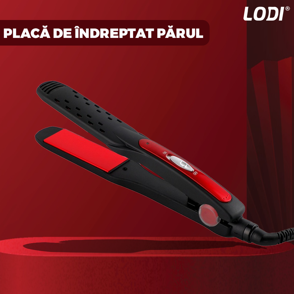 Placa profesionala de indreptat parul Lodi456, invelis ceramic, tehnologie cu abur, easy lock, par umed si uscat, 210°, rosu