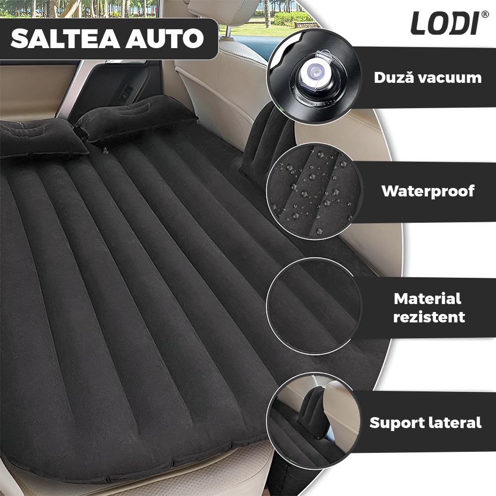 Saltea Auto Gonflabila 2 in 1 Lodi1237, scaun spate si travel bed, materiale calitative, pluristratificata, saculet de depozitare, pompa pentru umflare inclusa, 138 x 85 cm, negru