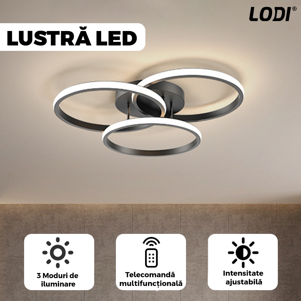 Lustra LED 3 Cercuri Lodi427, dimabila cu telecomanda, 3 tipuri de lumina, intensitate ajustabila, lumina alba rece, neutra, alba cald, putere 76 W, 47.7 cm