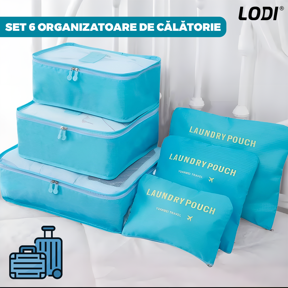 Set 6 Organizatoare Lodi670, pentru calatorie, diferite marimi, bagaj de voiaj, valiza, troler, genti, haine, accesorii, inchidere cu fermoar dublu, plasa, albastru deschis