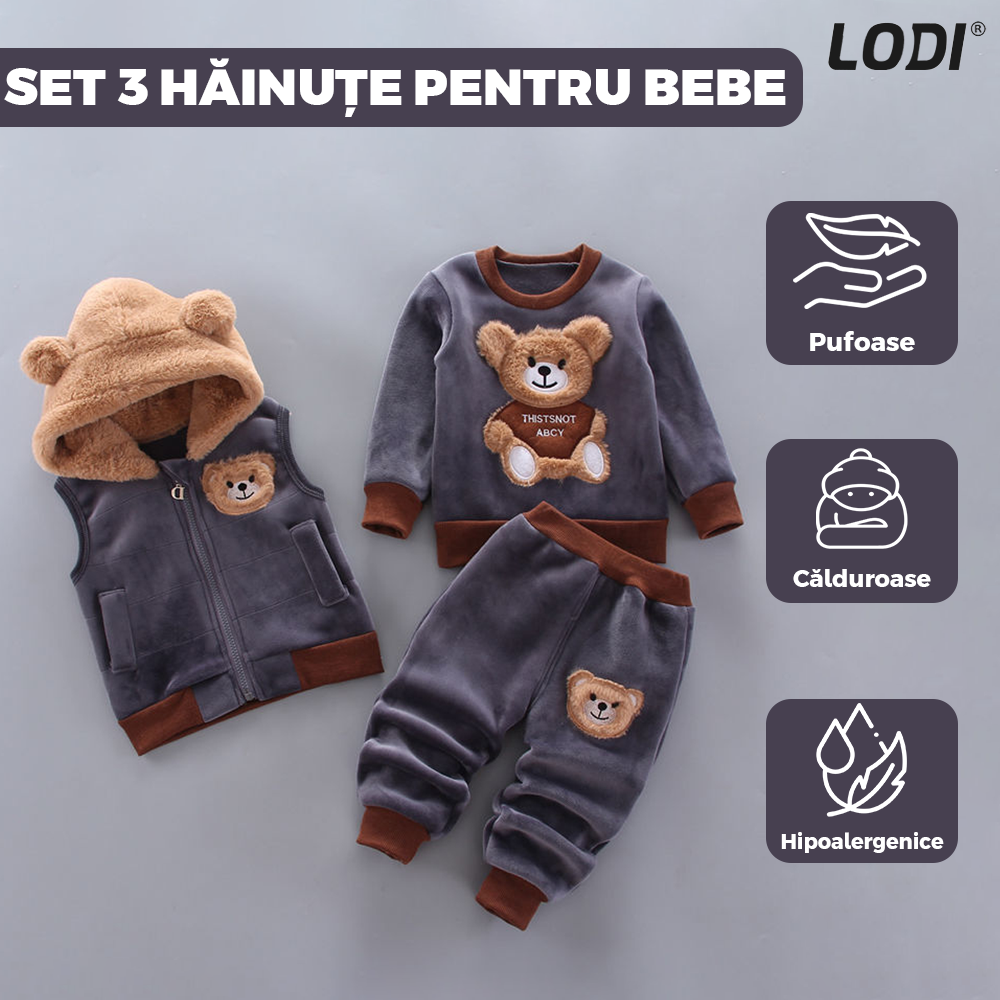 Compleu Copii din 3 Piese Lodi502, unisex, toamna-iarna, plus moale cu ursulet, bluza, pantaloni si vesta cu gluga pufoasa, 90 cm, gri