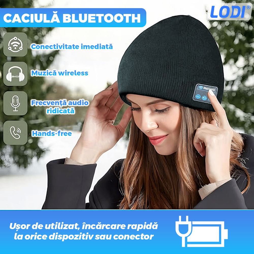 Caciula Bluetooth Unisex Lodi1493, hands-free, microfon, difuzoare stereo incorporate, sistem audio detasabil, curatare usoara, comoda, pentru alergare/drumetii, gri inchis