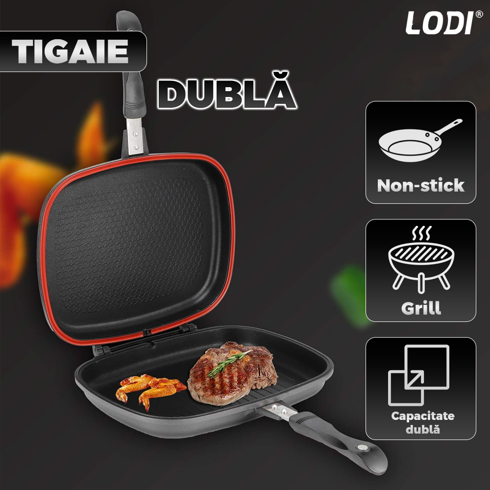 Tigaie Dubla cu Presiune Lodi1295, doua fete, pliabila, pluristratificata, invelis din ceramica, pentru griil sau gatit clasic, negru