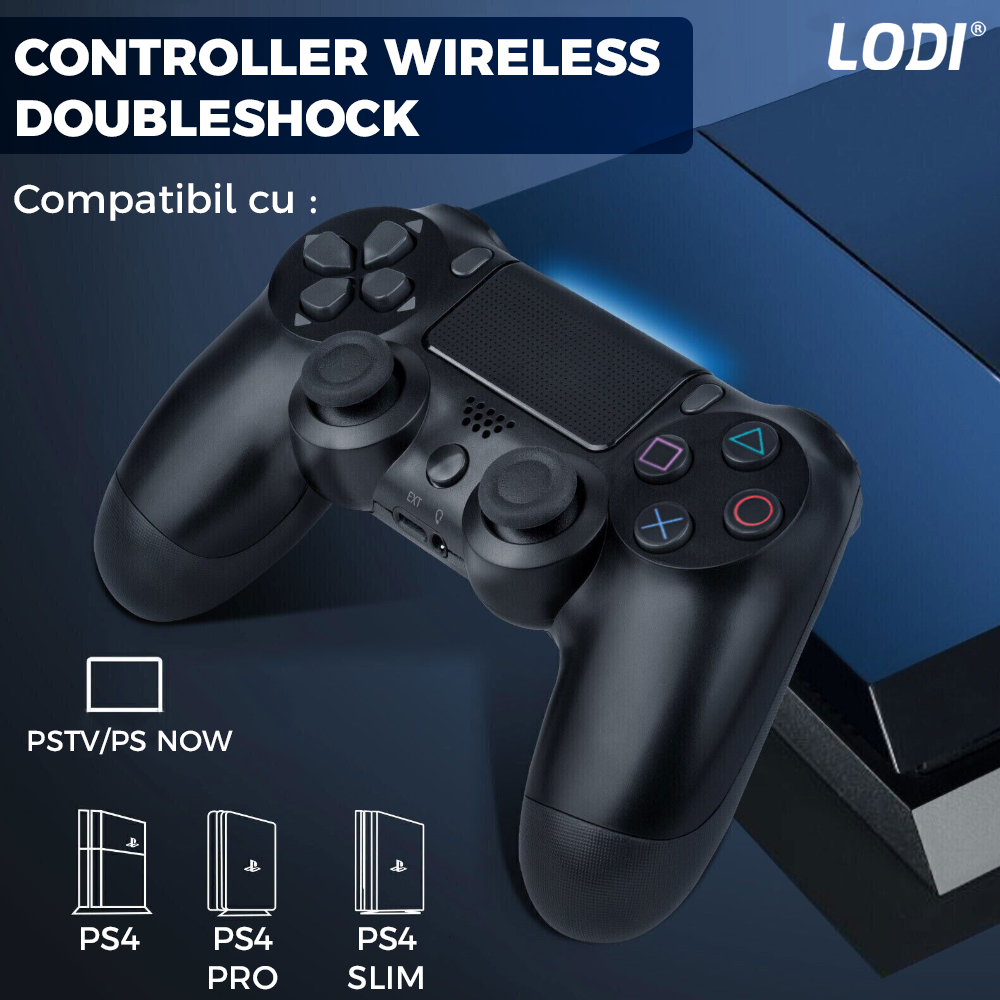 Controller Wireless DoubleShock Lodi540, compatibil cu PS4, joystick-uri analog, vibratie dubla, baterie performanta, negru