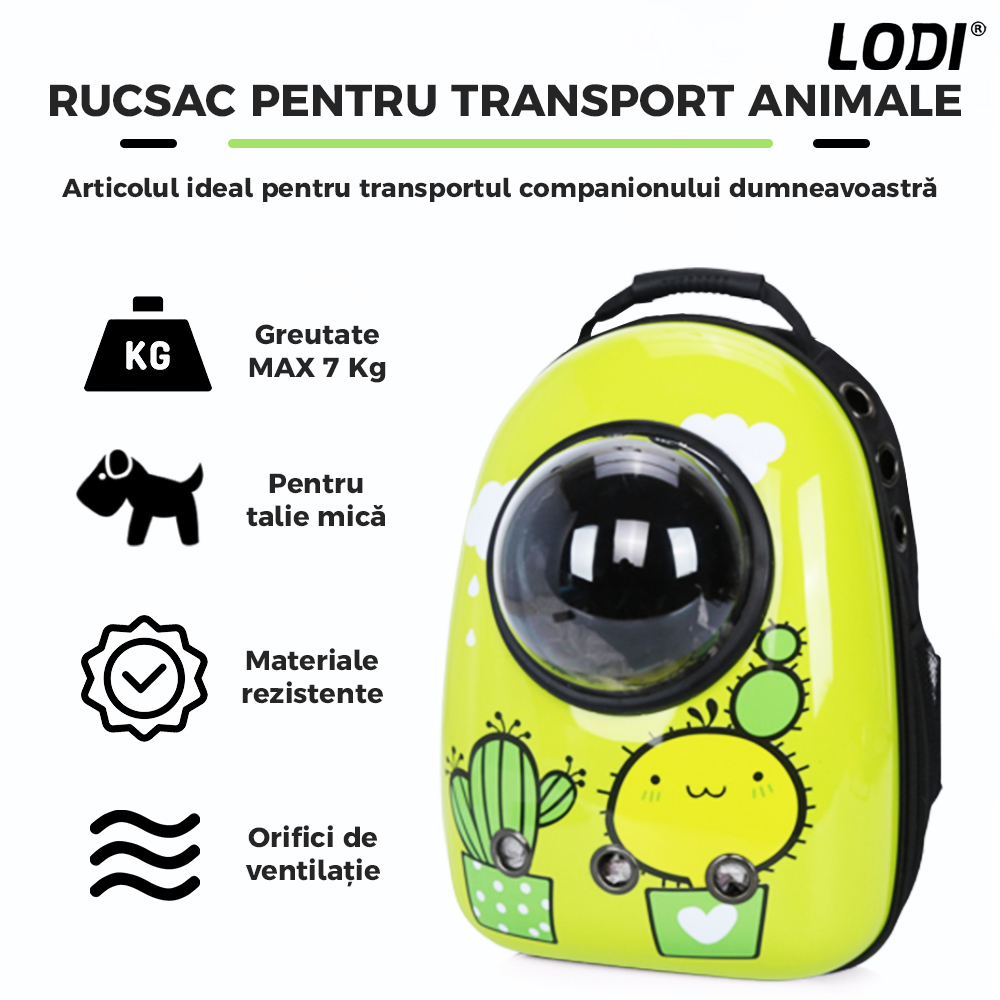 Rucsac Transport Animale Lodi27, greutate Max 7kg, hublou transparent, buzunar lateral, accesorii incluse, pentru talie mica, model Cactus, verde