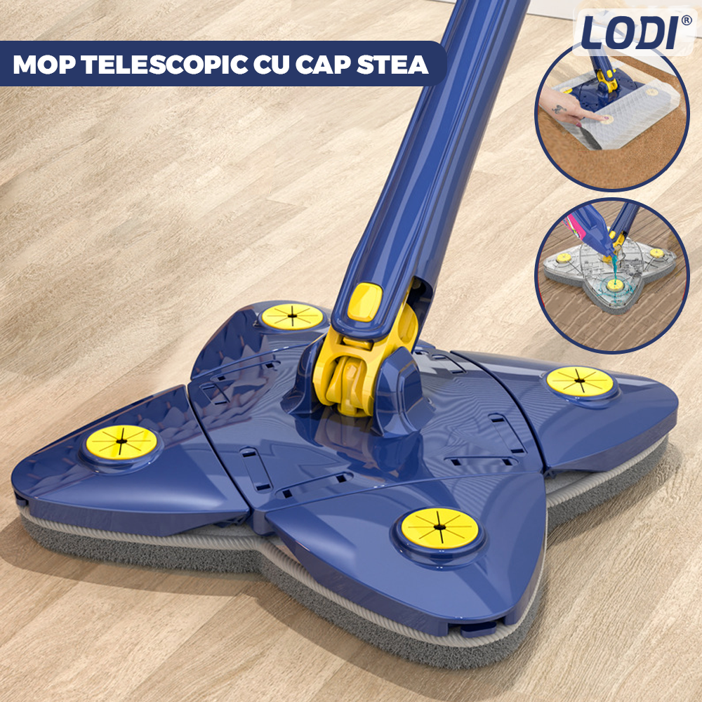 Mop cu Cap in Forma de Stea Lodi1153, rotire 360 grade, telescopic, curatare usoara, 2 lavete incluse, 123 cm, albastru/galben