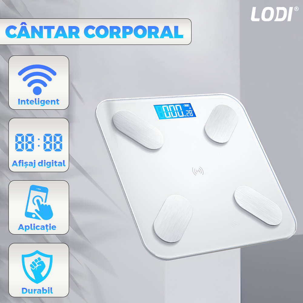 Cantar Electronic Inteligent Lodi127, pentru baie, corporal, aplicatie smart, indicator greutate/baterie/temperatura, conectare bluetooth, afisaj digital, greutate maxima suportata 180 kg, baterii incluse, alb