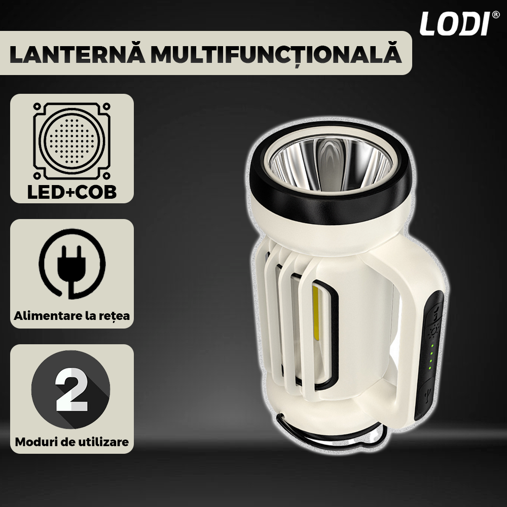 Lanterna LED 2 in 1 Lodi1082, tip felinar, multifunctionala, 3 surse de lumina, luminozitate ajustabila, functie de power bank, alimentare la retea, tehnologie LED+COB, alb