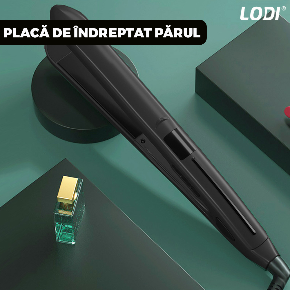 Placa profesionala de indreptat parul Lodi454, invelis ceramic, display LCD, easy lock, setarea temperaturii, 230°, negru