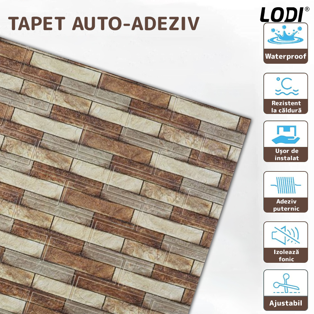 Set Tapet Caramida 3D Lodi239, Model Piatra Cubica, suprafata acoperire 5.3 mp, autoadeziv, waterproof, usor de montat, design modern, 70x77 cm, maro deschis