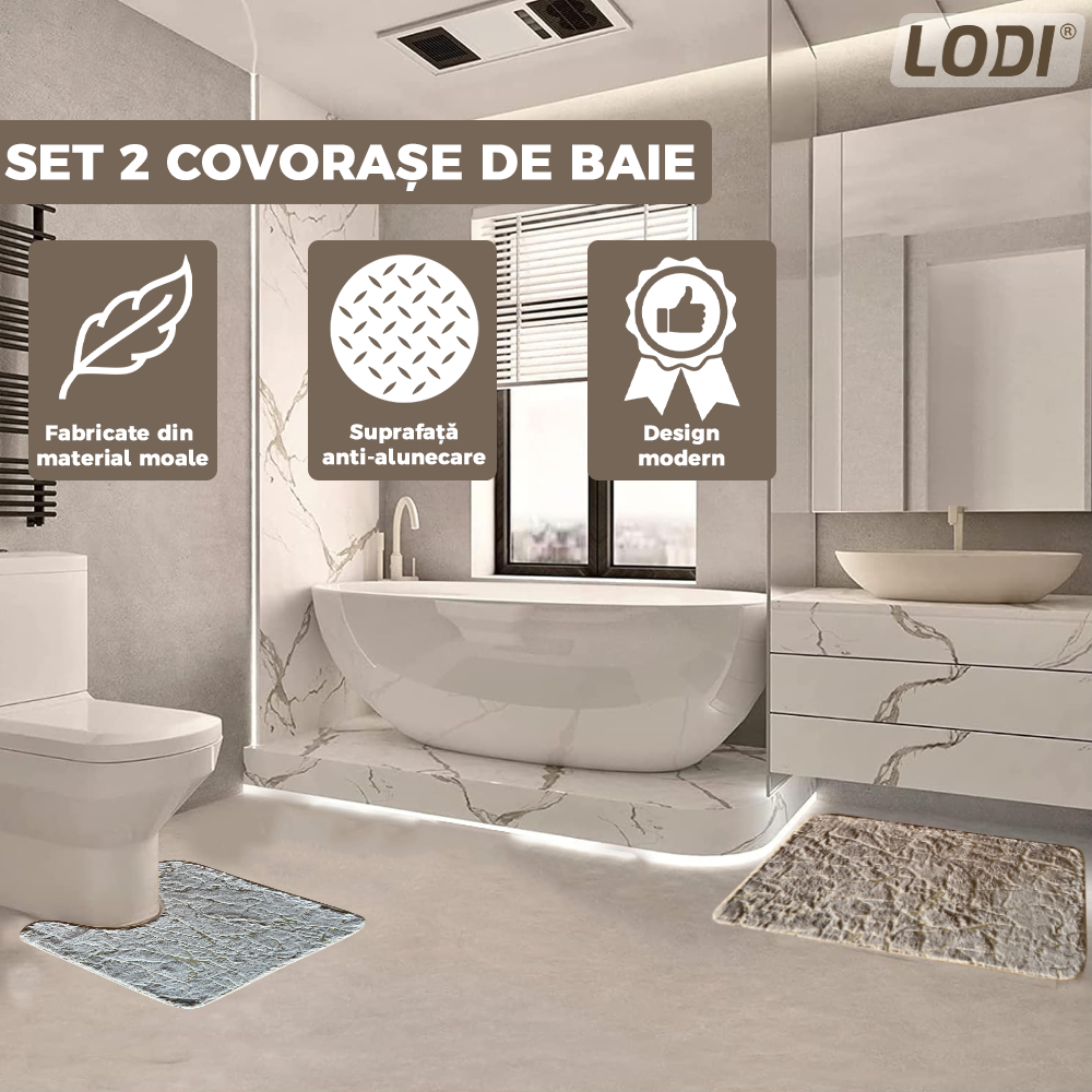 Set 2 Covorase de Baie Lodi449, anti-derapante, material moale, design modern, finisaj auriu, Model 19, 80x50 & 50x40cm, maro inchis