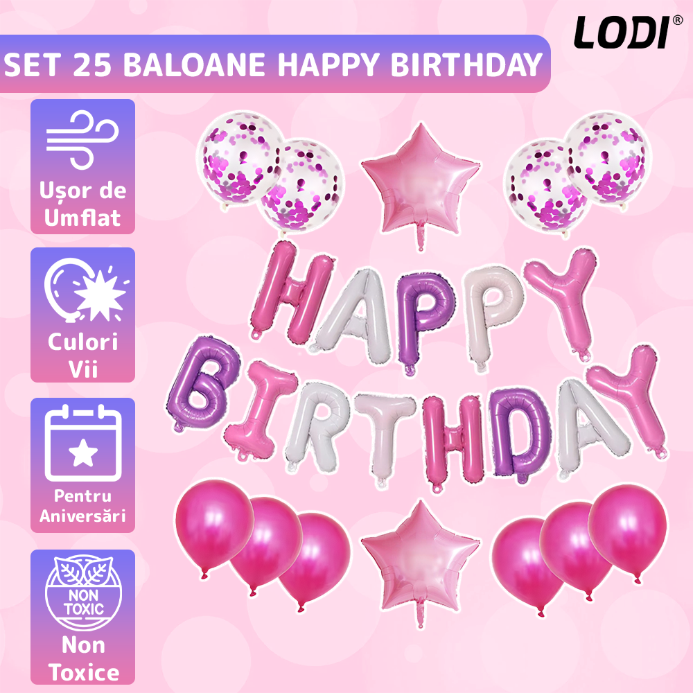 Set 25 Baloane Lodi1042, Litere, pentru Petreceri/Aniversari/Evenimente, confetti, stelute, model HAPPY BIRTHDAY, roz/mov/alb