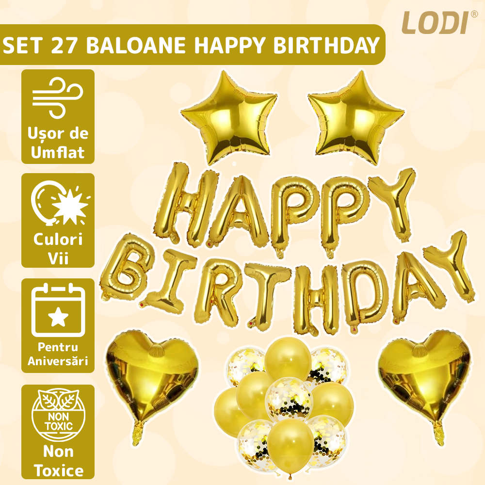 Set 27 Baloane Lodi768, Litere, pentru Petreceri/Aniversari/Evenimente, confetti, stelute, inimioare, model HAPPY BIRTHDAY, gold