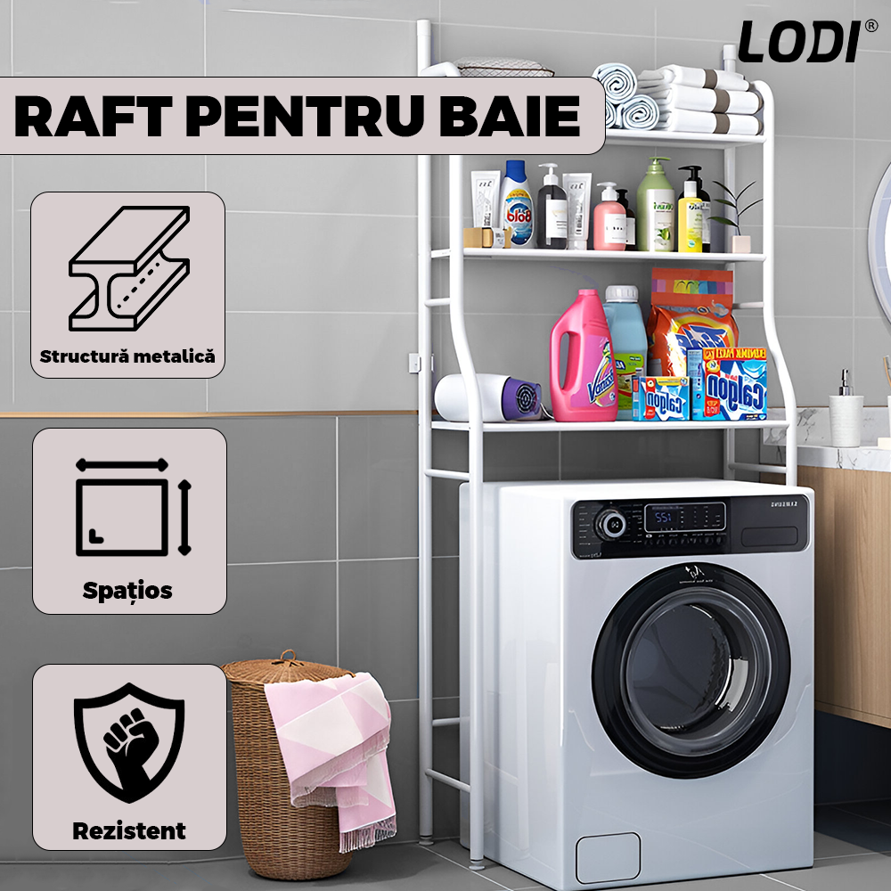 Raft de Depozitare pentru Baie Lodi1242, peste toaleta/ masina de spalat rufe, 3 rafturi, picioruse ajustabile, rezistent si stabil, ideal pentru prosoape sau produse de igiena, metal, 160 x 25 x 65 cm, albetalic, 10