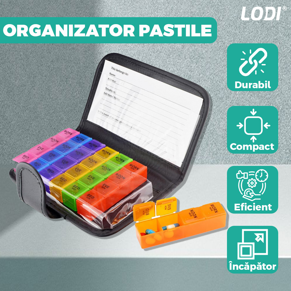 Gentuta Organizatoare de Medicamente Lodi416, pastile si vitamine, 7 zile, recipiente detasabile cu 4 compartimente, compacta, 19.5 x 13.5 x 3.5 cm, multicolor