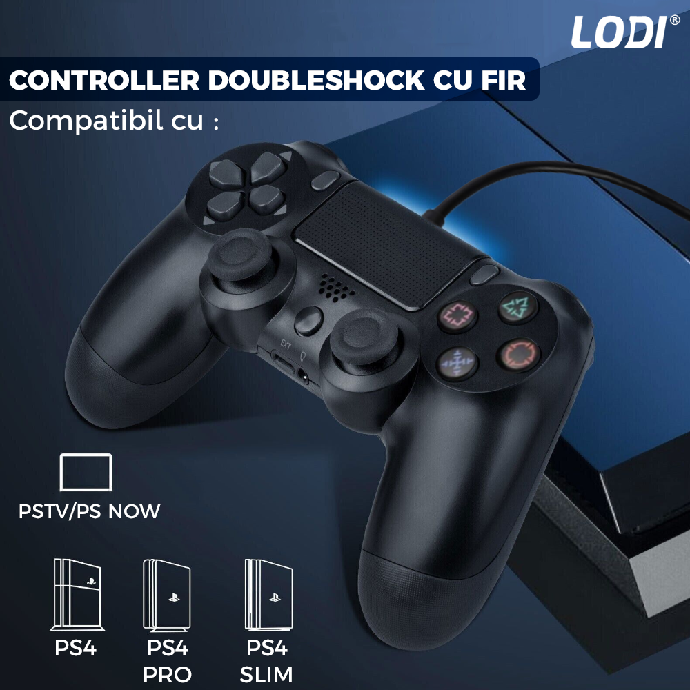 Controller cu Fir DoubleShock Lodi541, compatibil cu PS4, joystick-uri analog, vibratie dubla, negru