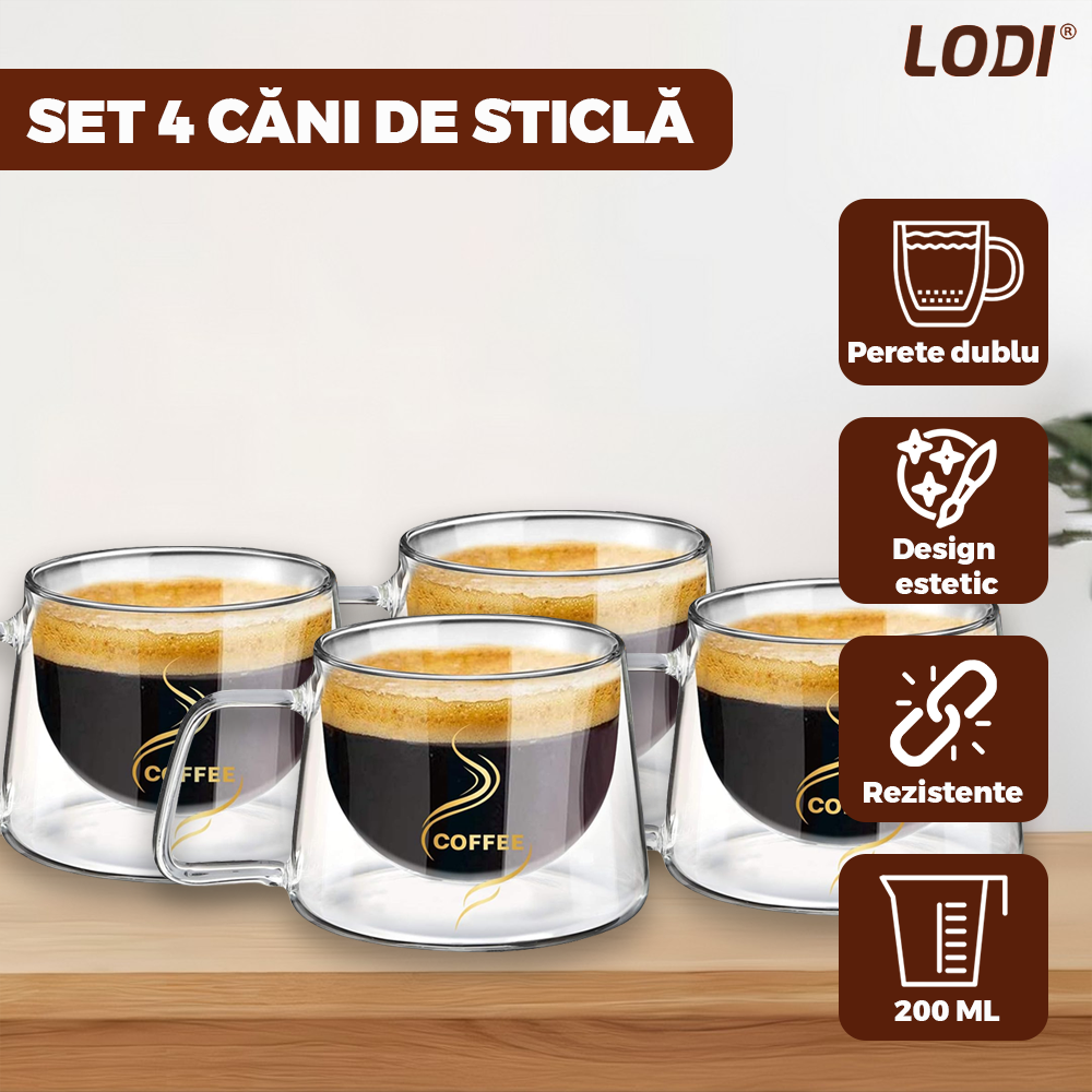 Set 4 Cani de Sticla cu Perete Dublu Lodi1004, model COFFEE, design modern, termorezistente, capacitate 200 ml, 12 x 8 cm