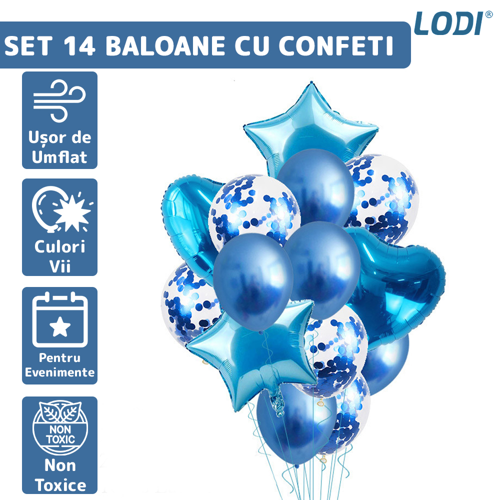 Set 14 Baloane Lodi303, Confeti, pentru Petreceri/Aniversari/Evenimente, Stea/Inima/Rotunde, 3 culori, latex, albastru