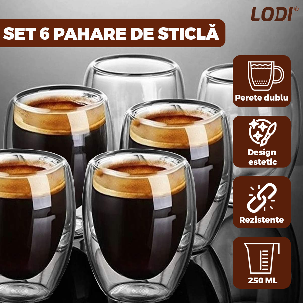 Set 6 Pahare din Sticla cu Perete Dublu Lodi1000, termorezistente, design modern, capacitate 250 ml, 9 x 8 cm