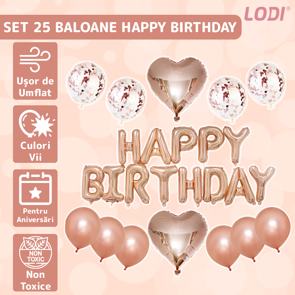 Set 25 Baloane Lodi754, Litere, pentru Petreceri/Aniversari/Evenimente, confetti, inimioare, model HAPPY BIRTHDAY, rose gold