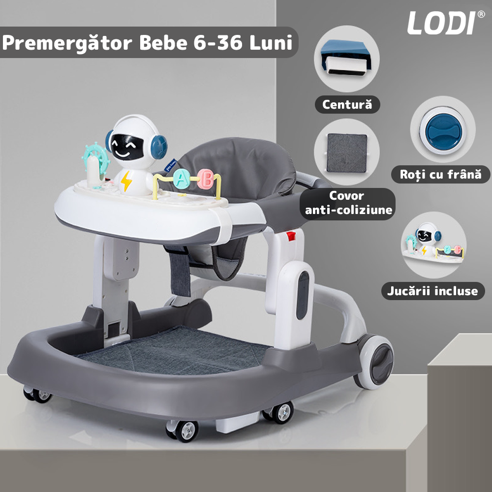 Premergator Multifunctional pentru Bebelusi Lodi516, tava cu 3 jucarii, muzica, reglabil, pliabil, greutate max 20kg, 6-36 luni, gri