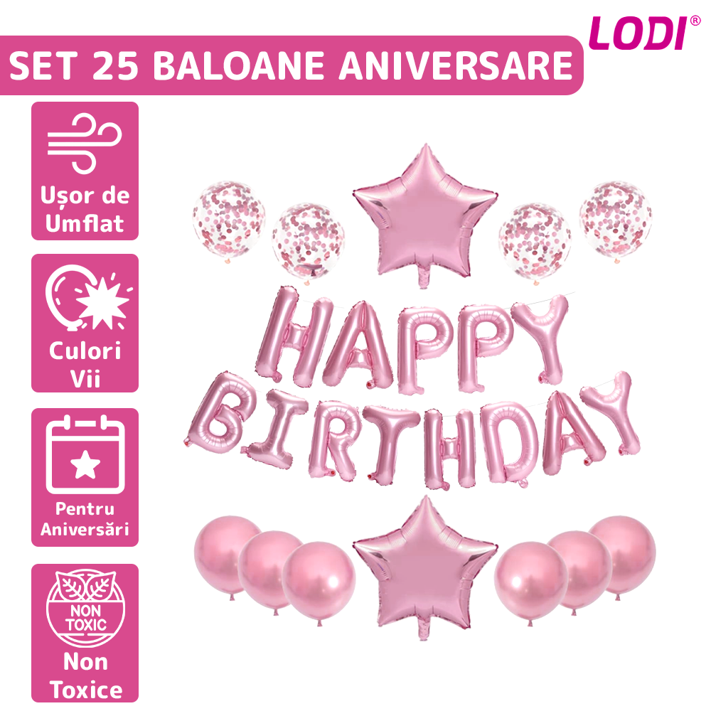 Set 25 Baloane Lodi717, Litere, pentru Petreceri/Aniversari/Evenimente, confetti, stelute, model HAPPY BIRTHDAY, rose