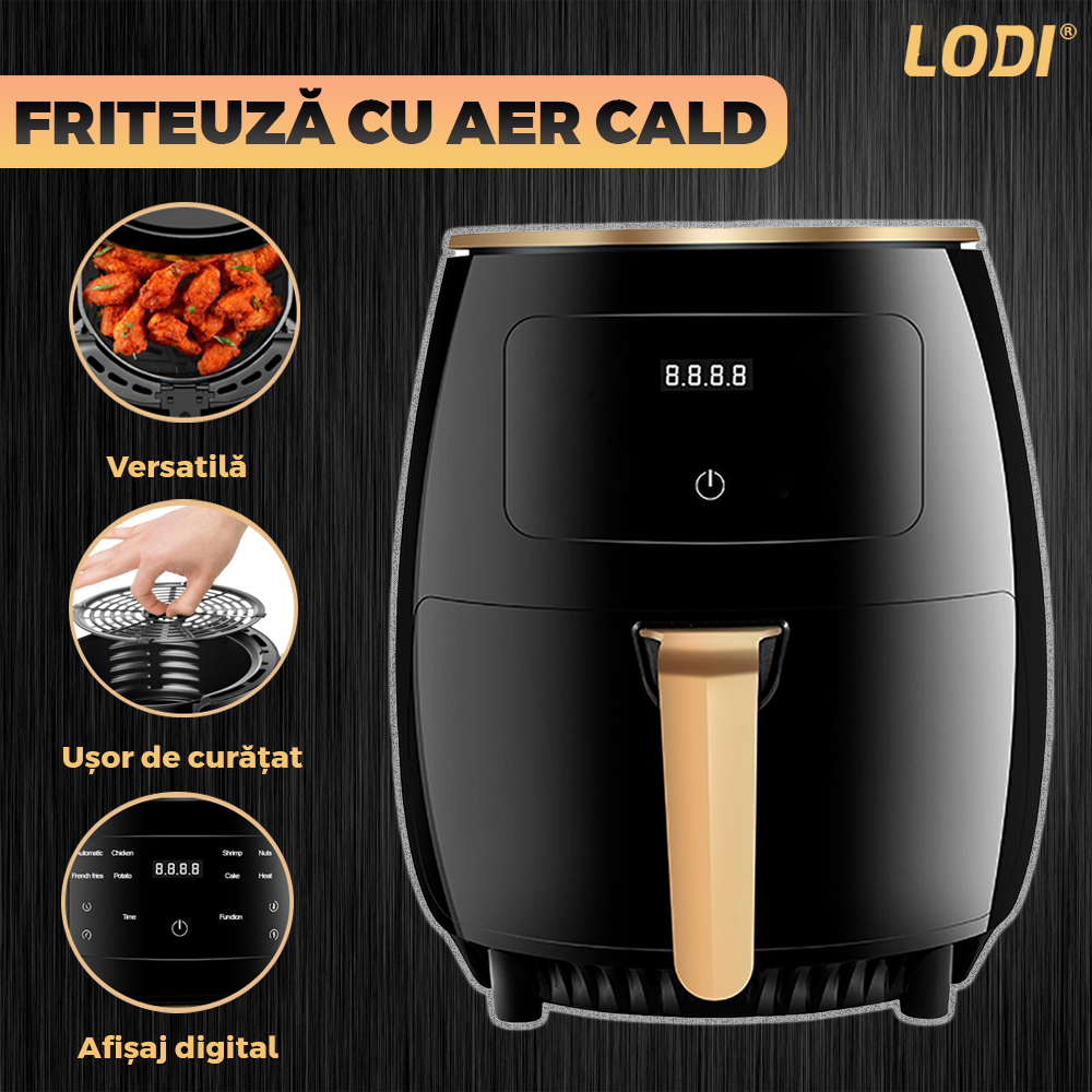 Friteuza Fara Ulei Air Fryer Lodi, tehnologie smart sensing, programe smart chef automate, afisaj digital, capacitate 6 L, tehnologie de eliminare a grasimii, functie de pastrare la cald, tensiune alimentare 220 V