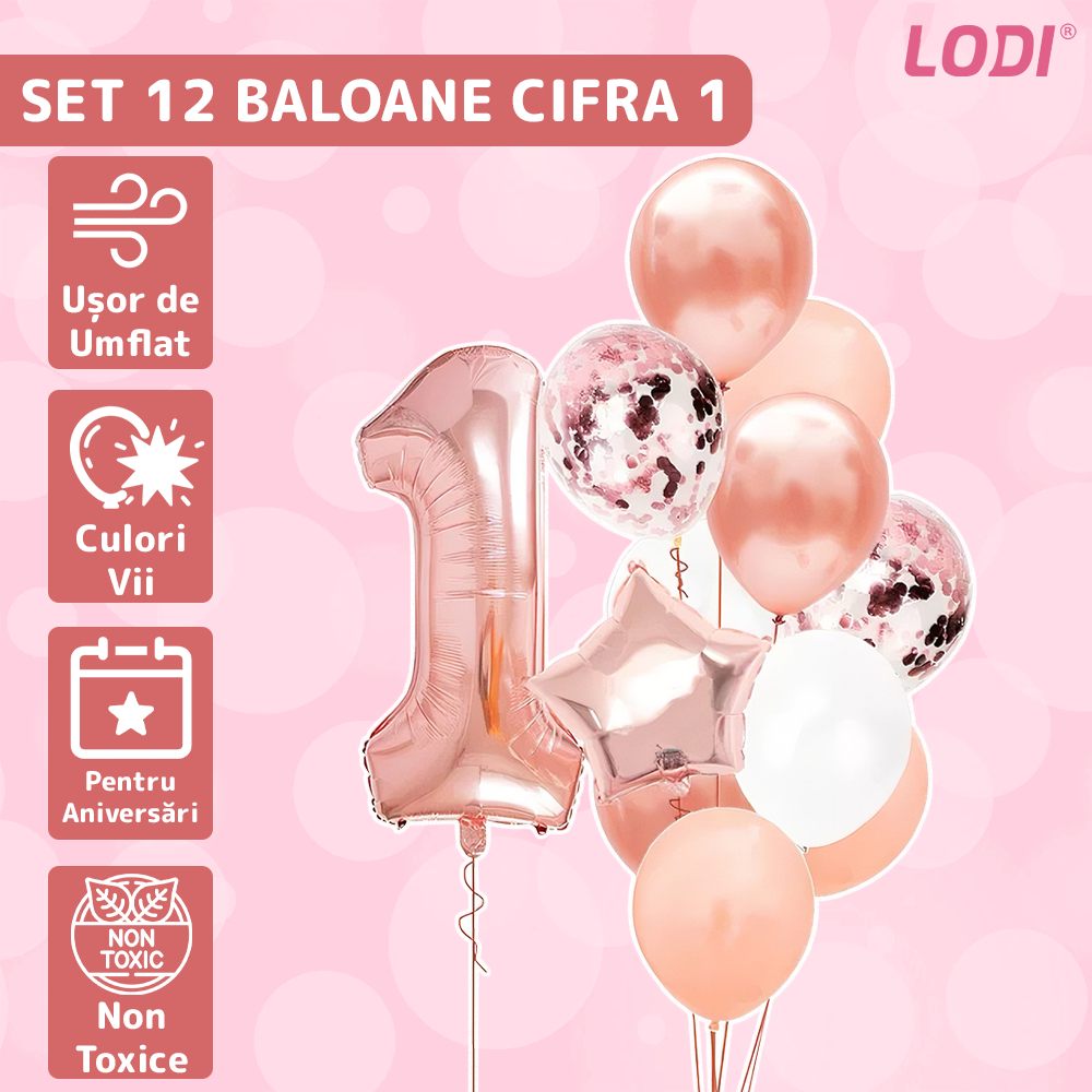 Set 12 Baloane Lodi1060, Cifra 1, pentru Petreceri/Aniversari/Evenimente, Stea/Rotunde/Confetti, 3 culori, latex, rose gold