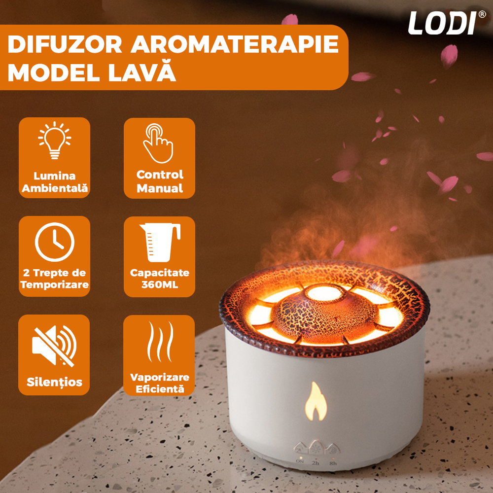 Difuzor Aromaterapie Lava Lodi510, 2 culori LED, capacitate 360ml, silentios, umidifica aerul, alb