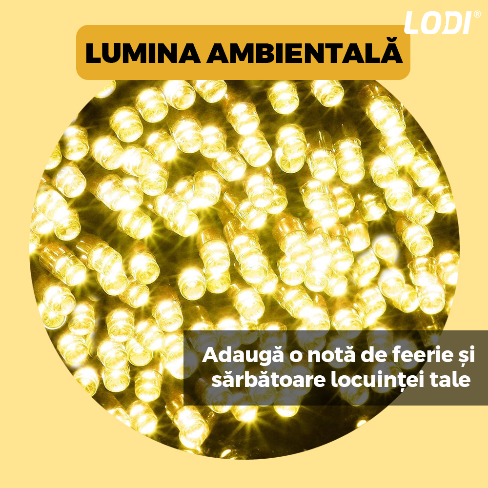 Instalatie de Craciun Liniara Lodi1457, 15 m, 8 jocuri de lumini, alimentare la priza, fir transparent, interior/exterior, rezistenta la apa, 200 LED-uri, alb cald