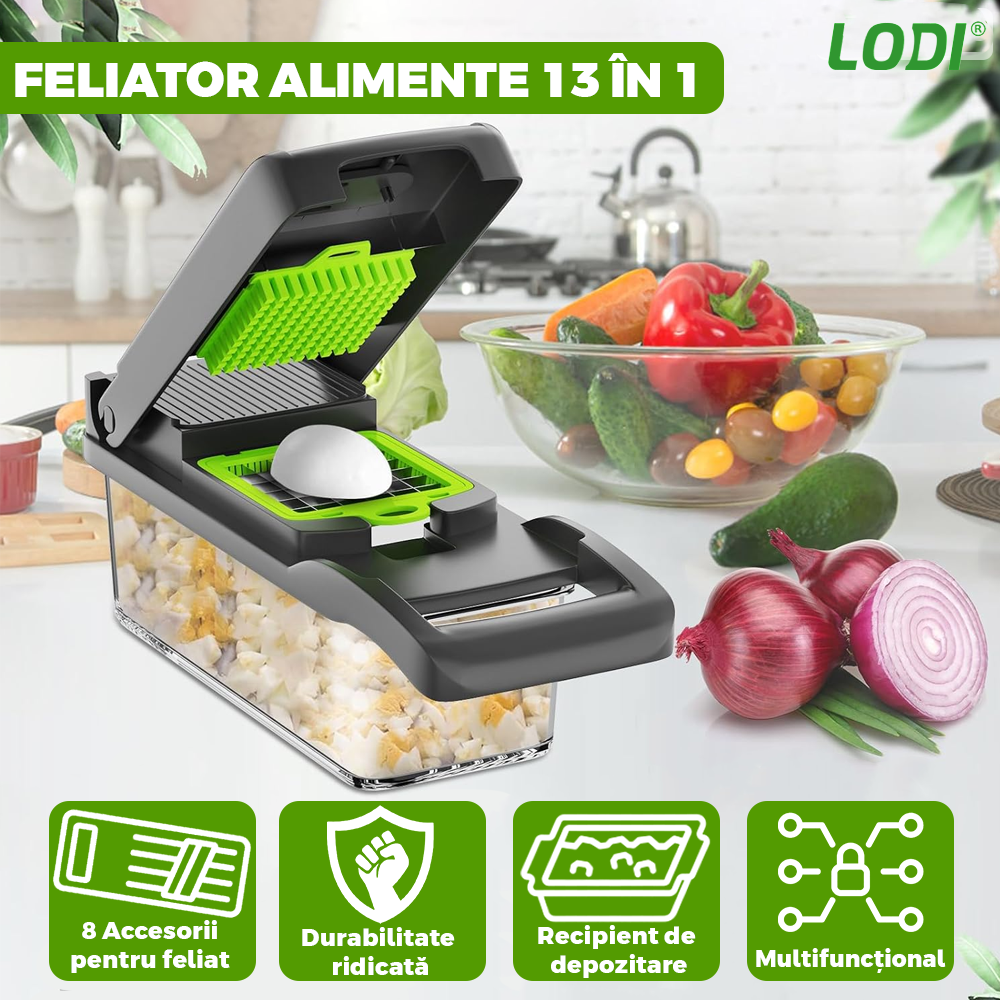 Feliator de Legume 13 in 1 Lodi752, multifunctional, 8 taieturi, accesorii pentru tocat, maruntit, feliat, julienne, separator de oua, lame de inox, 28 x 13 cm, verde