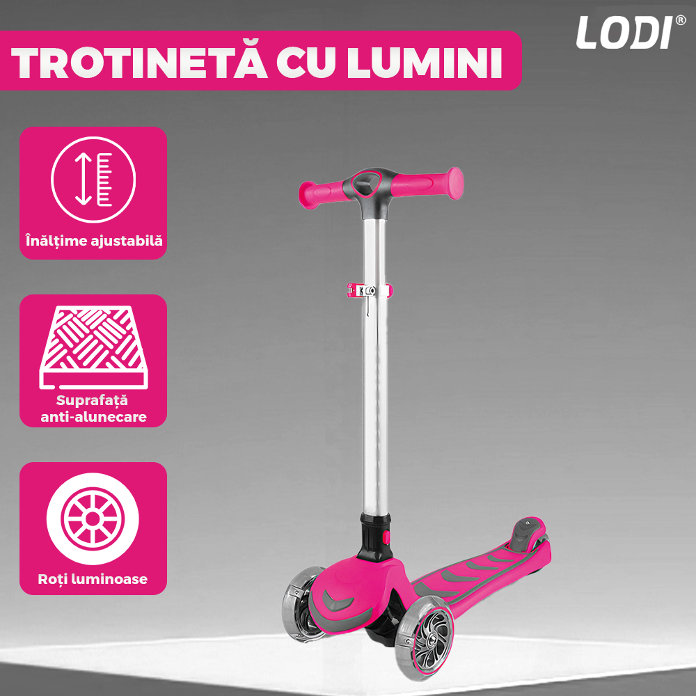 Trotineta pentru Copii cu Lumini Lodi1051, 3 roti, pliabila, anti-aluncare, inaltime ajustabila, stabila, frana, incorporata, 3-11 ani, roz