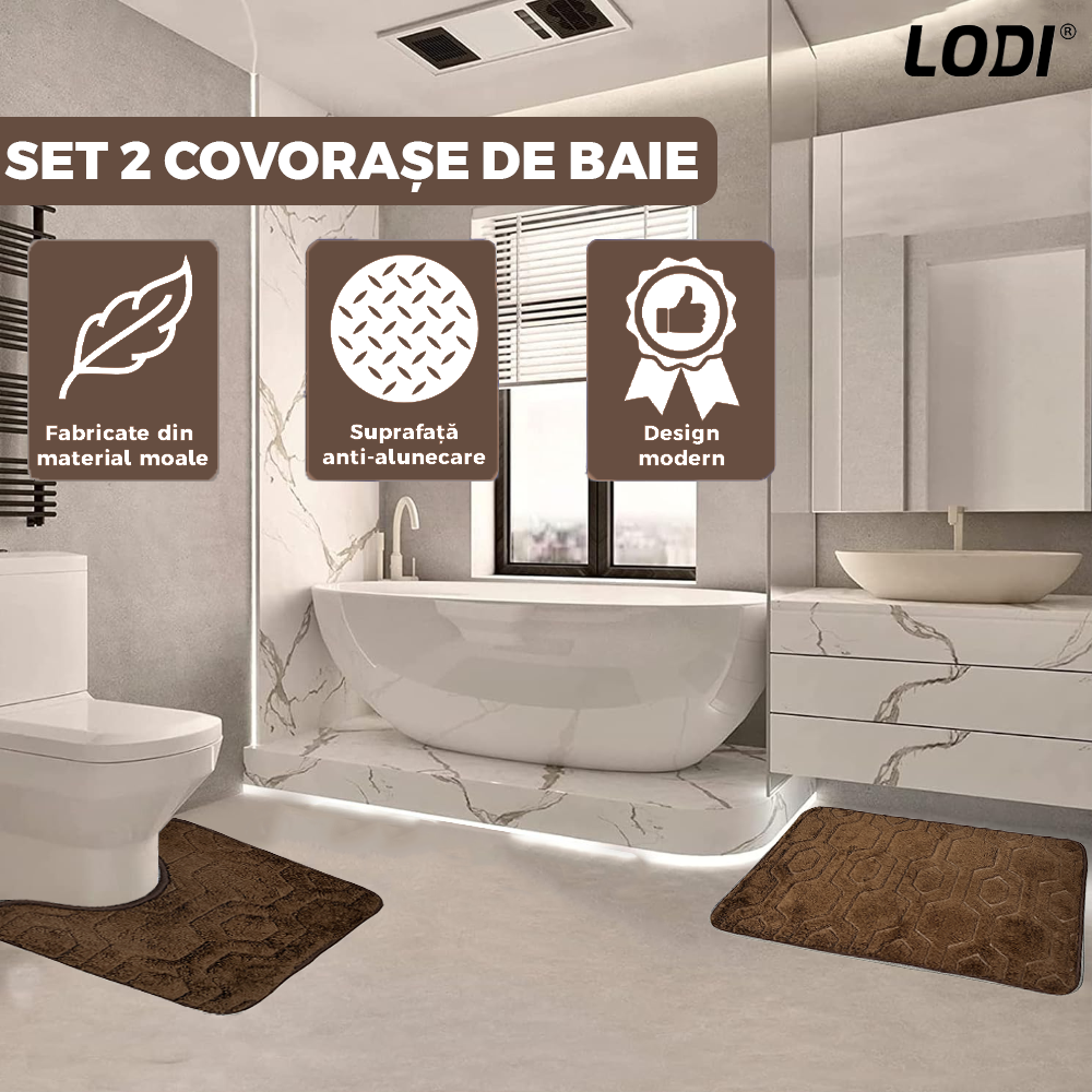 Set 2 Covorase de Baie Lodi1016, anti-derapante, material moale, design modern, model hexagoane, 80x50 & 50x40cm, maro