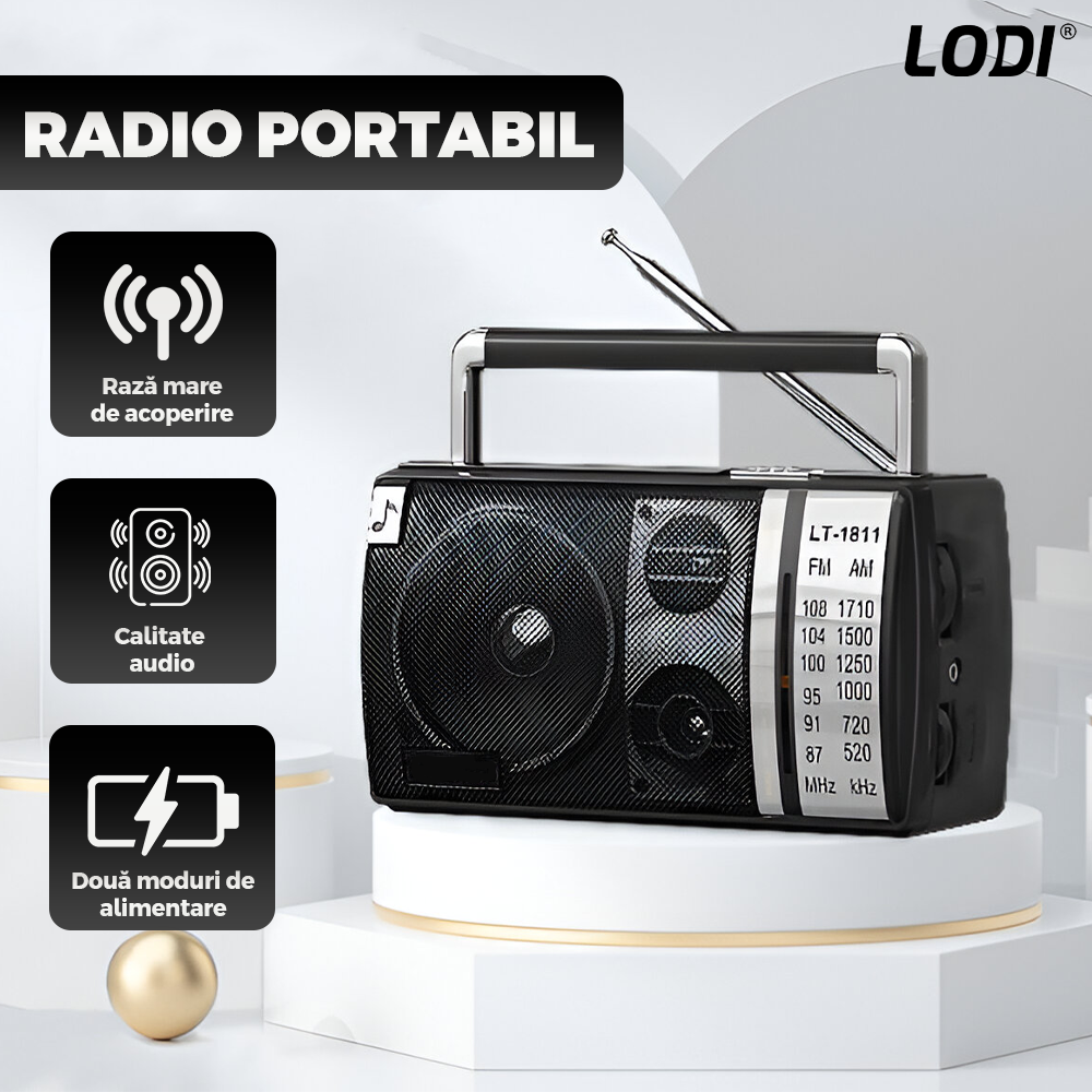Radio Portabil Lodi1263, FM/AM, mod dual de alimentare, baterii/la priza, receptie ridicata ce prinde posturi regionale/la sate, port jack 3.5 mm, negru