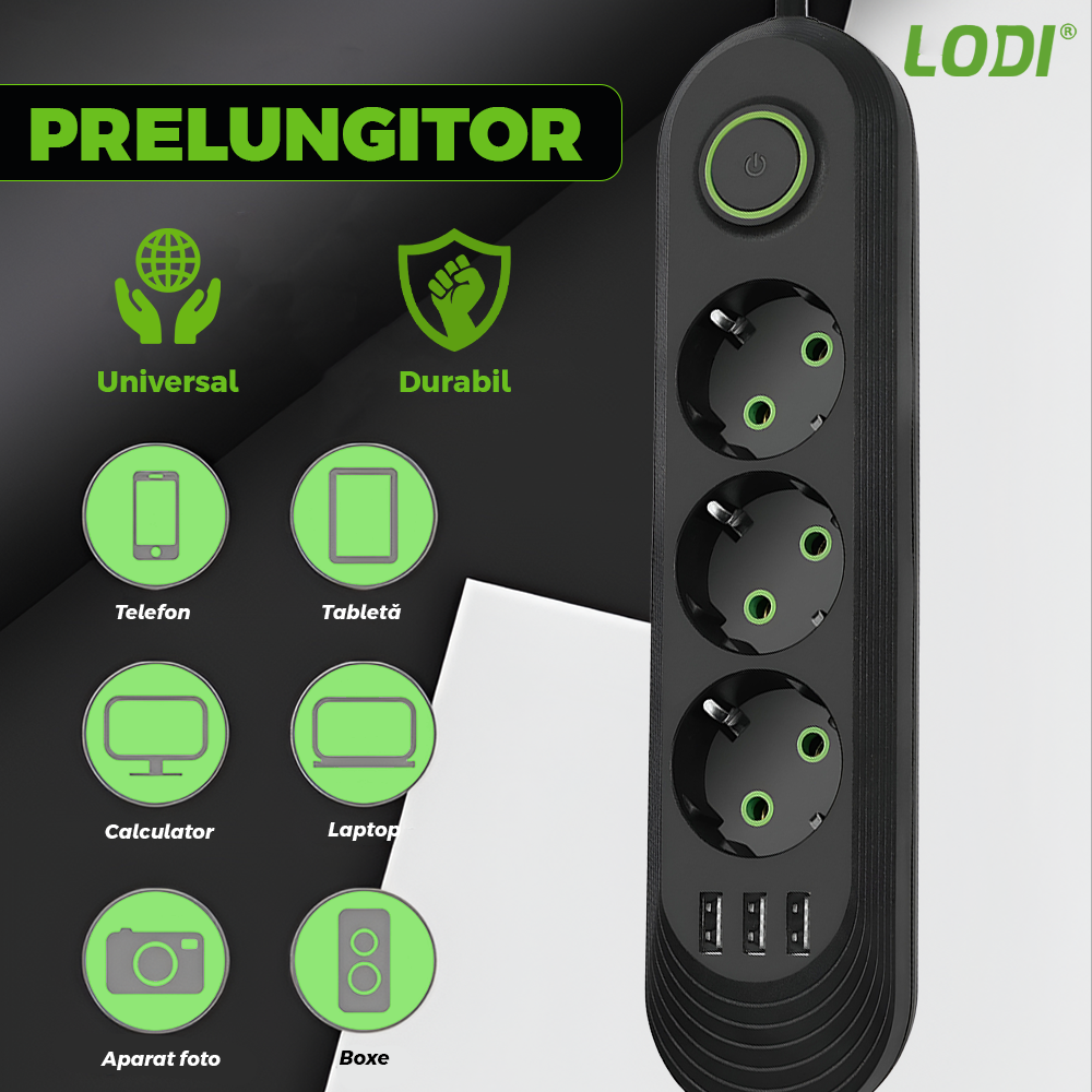 Prelungitor Lodi1277, 3 prize, 3 porturi USB, intrerupator, suport de agatare incorporat, rezistent la temperaturi inalte, universal, lungime 2 metri, negru