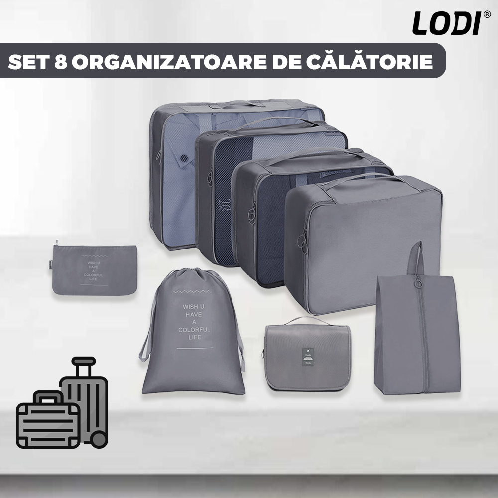 Set 8 Organizatoare Lodi673, pentru calatorie, diferite marimi, 3 genti cu plasa, 1 geanta pentru lenjerie, geanta pentru cosmetice, sac pentru hainele murdare, inchidere cu fermoar dublu, plasa, gri