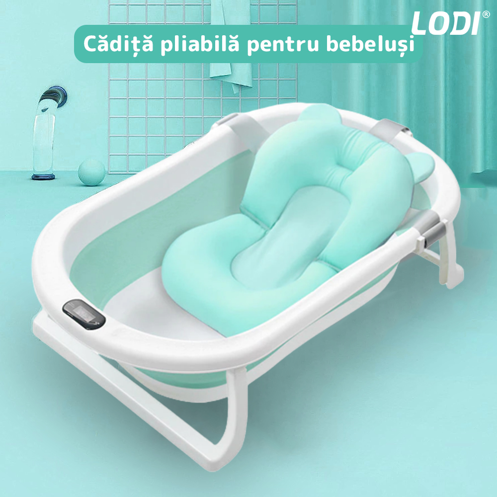 Cadita cu Pernuta pentru Bebelusi Lodi291, termometru digital incorporat, pliabila, dop de scurgere, picioare anti-alunecare, design ergonomic, 75 x 45 x 22 cm, verde