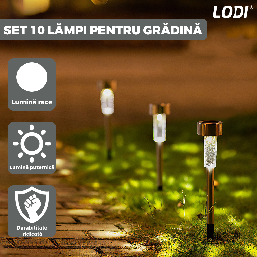 Set 10 Lampi Solare pentru Gradina Lodi1119, tehnologie LED, pentru exterior, incarcare solara, autonomie 8 ore, tip tarus, PVC, lumina alb rece
