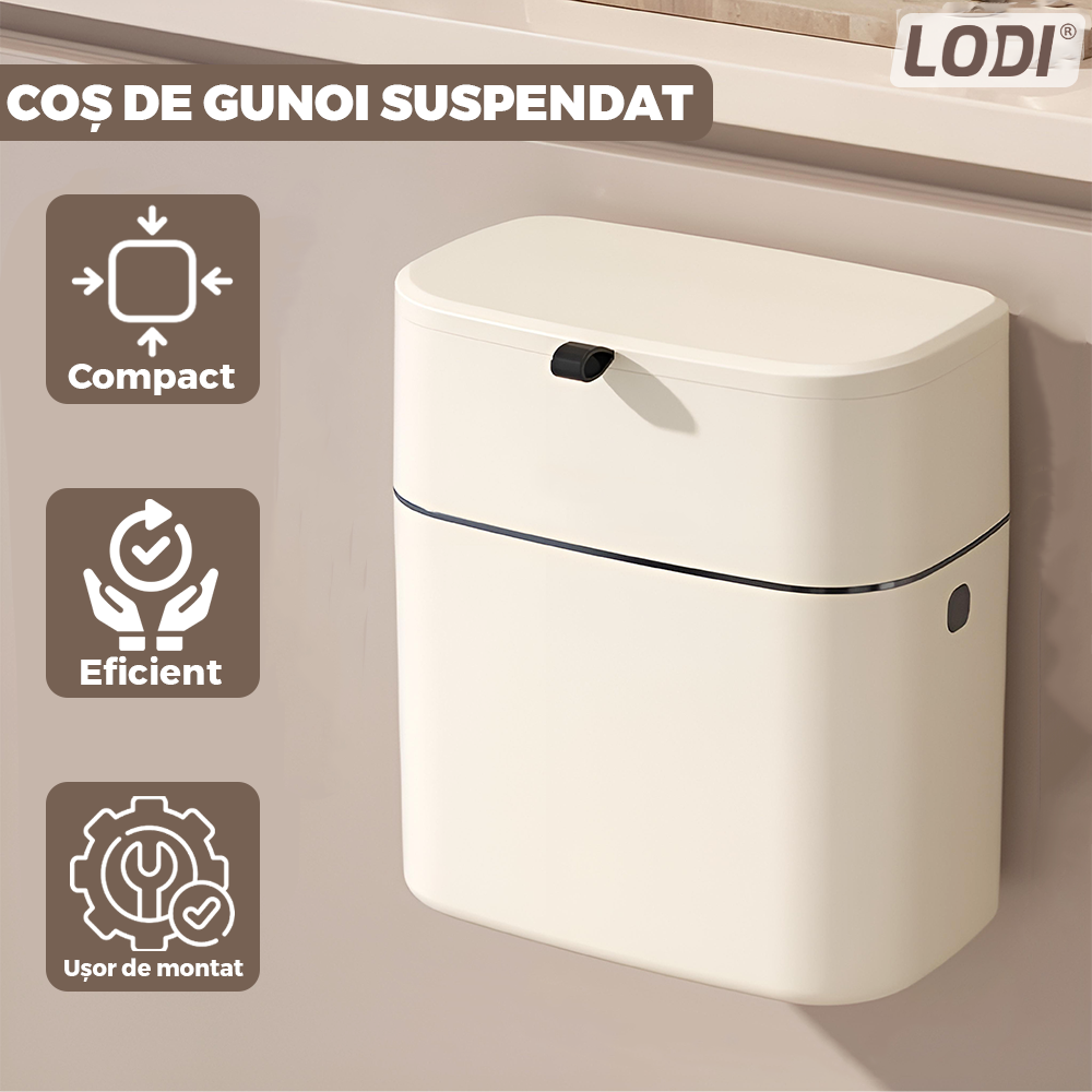 Cos de Gunoi Suspendat Lodi989, prindere pe suport autoadeziv, aplicabil pe perete sau mobila doua moduri de deschidere a capacului, capacitate 7l, bej