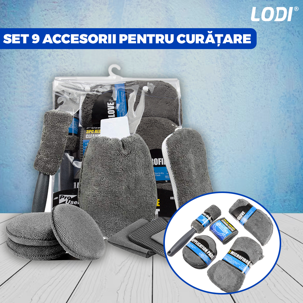 Kit pentru Curatare si Detailing Auto Lodi724, interior/exterior, pamatuf, manusa, burete dublu, 3 lavete, 3 piese pentru lustruire, microfibra, gri