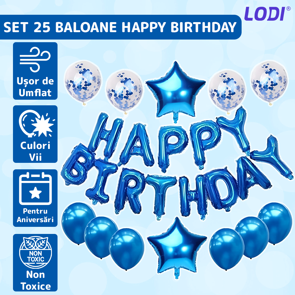 Set 25 Baloane Lodi756, Litere, pentru Petreceri/Aniversari/Evenimente, confetti, stelute, model HAPPY BIRTHDAY, albastru