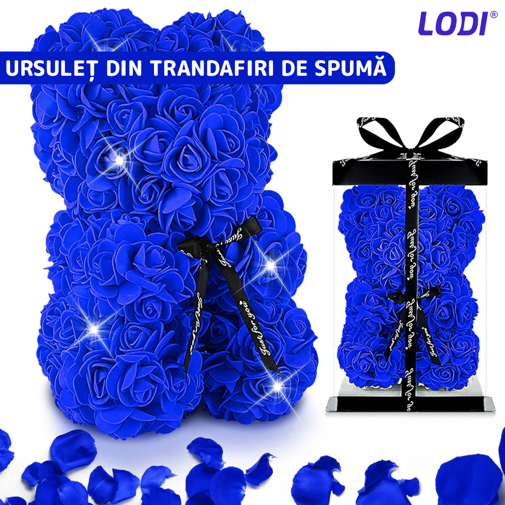 Ursulet din Trandafiri de Spuma Lodi332, floral albastru, handmade, cutie transparenta, 25 cm