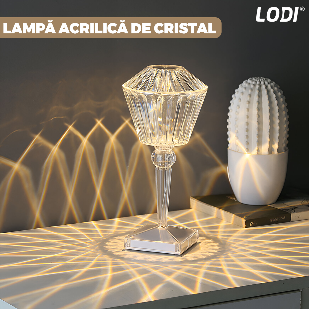 Lampa Ambientala Cristal LED Lodi1220, forma diamant, portabila, 3 moduri de iluminare, intensitate ajustabila, tactila, incarcare USB
