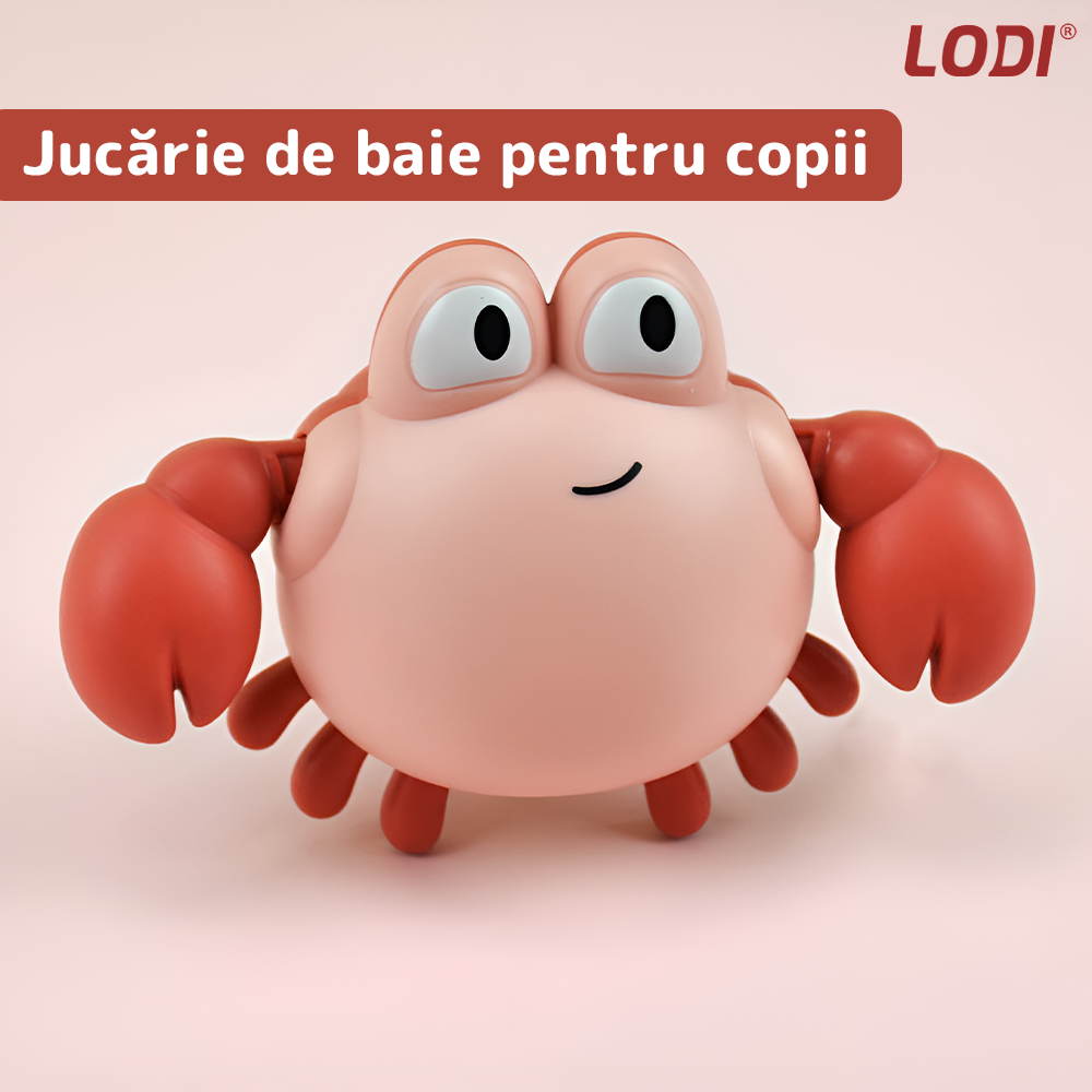 Jucarie de Baie pentru Copii Lodi857, Crab Inotator, interactiva, fara baterii, mecanism cu cheita, 9 x12 cm, bej/rosu