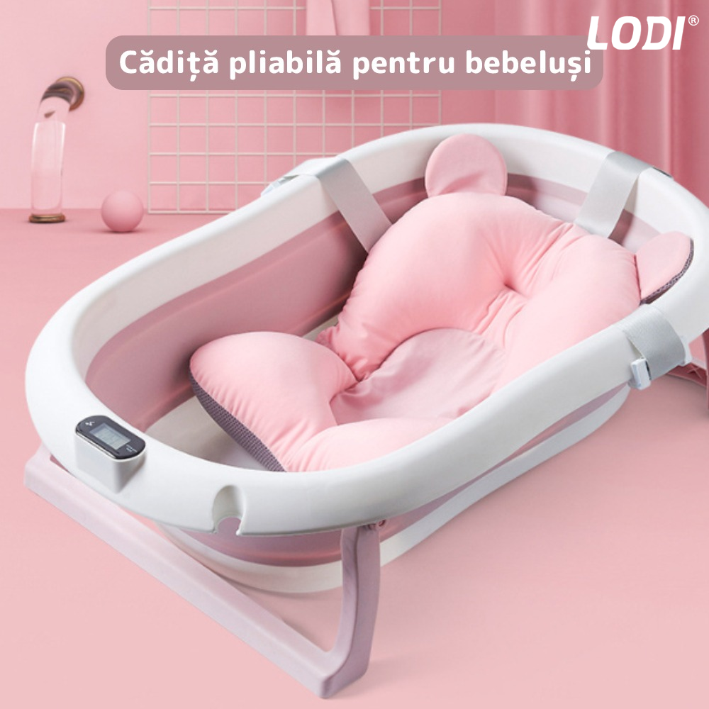Cadita cu Pernuta pentru Bebelusi Lodi527, termometru digital incorporat, pliabila, dop de scurgere, picioare anti-alunecare, design ergonomic, 75 x 45 x 22 cm, roz