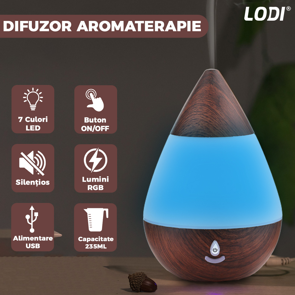 Difuzor Aromaterapie Lodi215, 7 culori LED, lumini dinamice, buton on/off, capacitate 235ml, silentios, umidifica aerul, stejar inchis