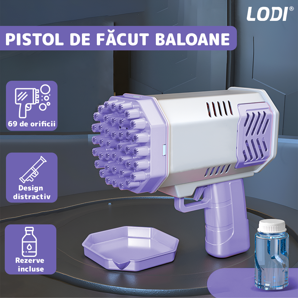 Pistol de Facut Baloane Bubble Gun Lodi1215, tip Bazooka, automat, 34 orificii pentru bule, alimentare cu baterii, mov/alb