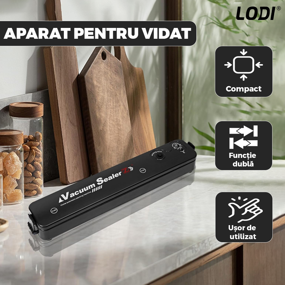 Aparat de Sigilat si Vidat Lodi1203, set 10 role de vidat gofrate 17 cm x 5 m incluse, alimente si obiecte, vidare umeda/uscata/soft, 90W, 220V, portabil, negru