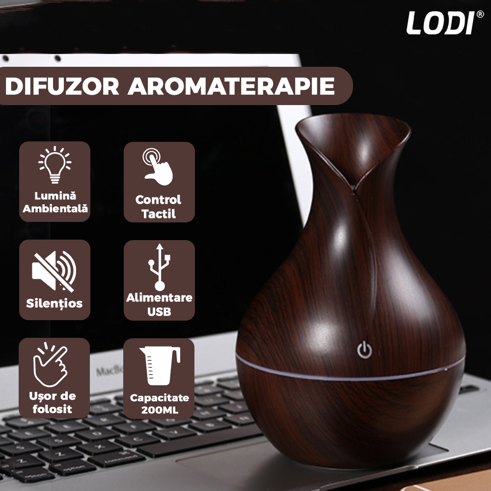 Difuzor Aromaterapie Lodi220, lumini ambientale, control tactil, capacitate 200ml, silentios, rezerva inclusa, alimentare USB, umidifica aerul, stejar inchis