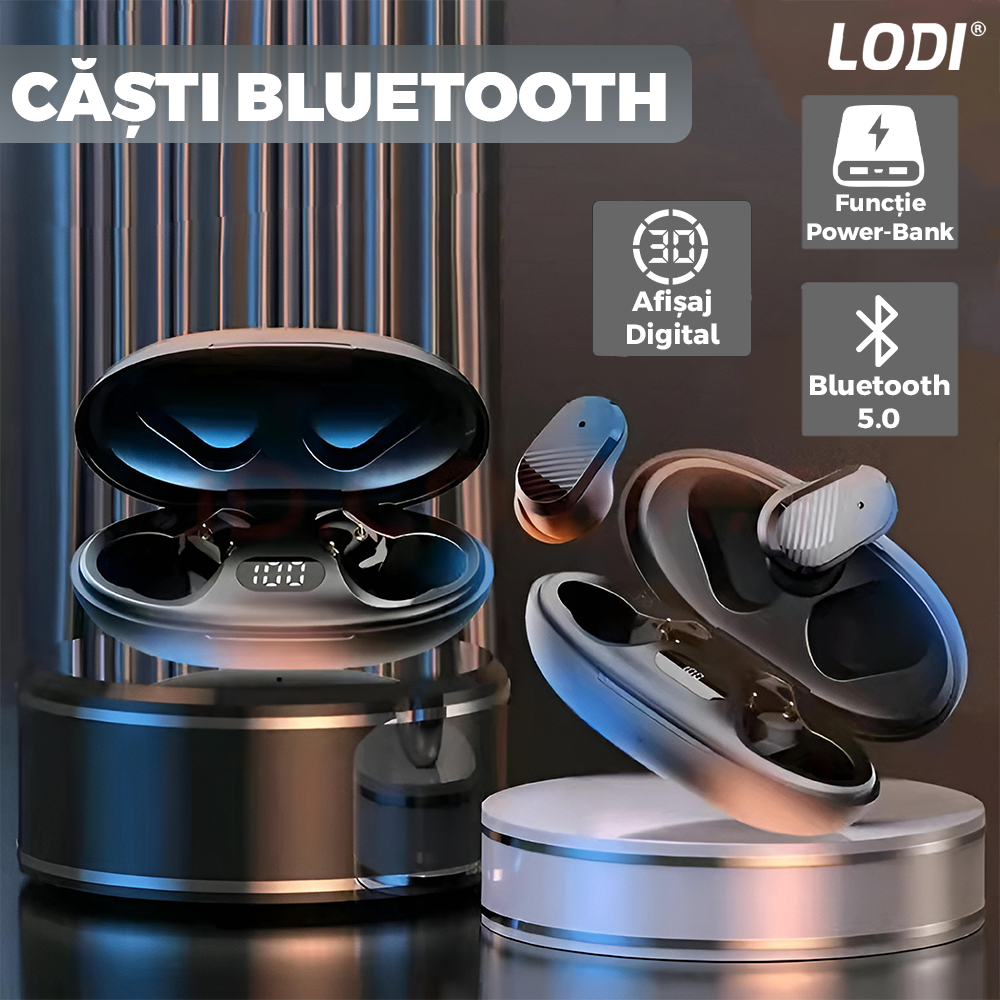 Casti Wireless Lodi985, TWS, Bluetooth 5.0, afisaj digital, carcasa magnetica, sunet stereo, compatibilitate univesala, design compact, autonomie 7 ore,negru